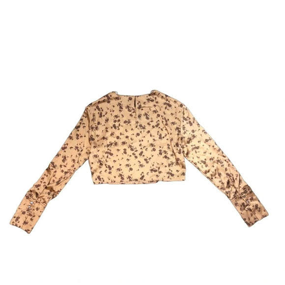 Zara Long Sleeve Floral Satin Crop Top | Brown and Tan | Size S - Picture 2 of 7